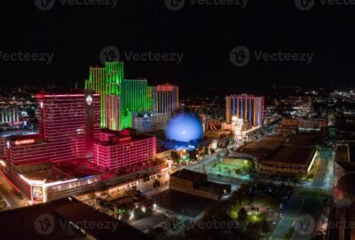 Reno First Foundation aerial view of Reno at night